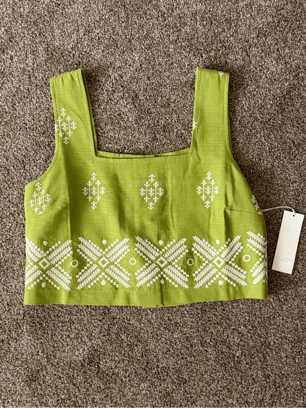 🌴 Calypso St. Barth Olive Green Embroidered Square-Neck Crop Top - Picture 3 of 13